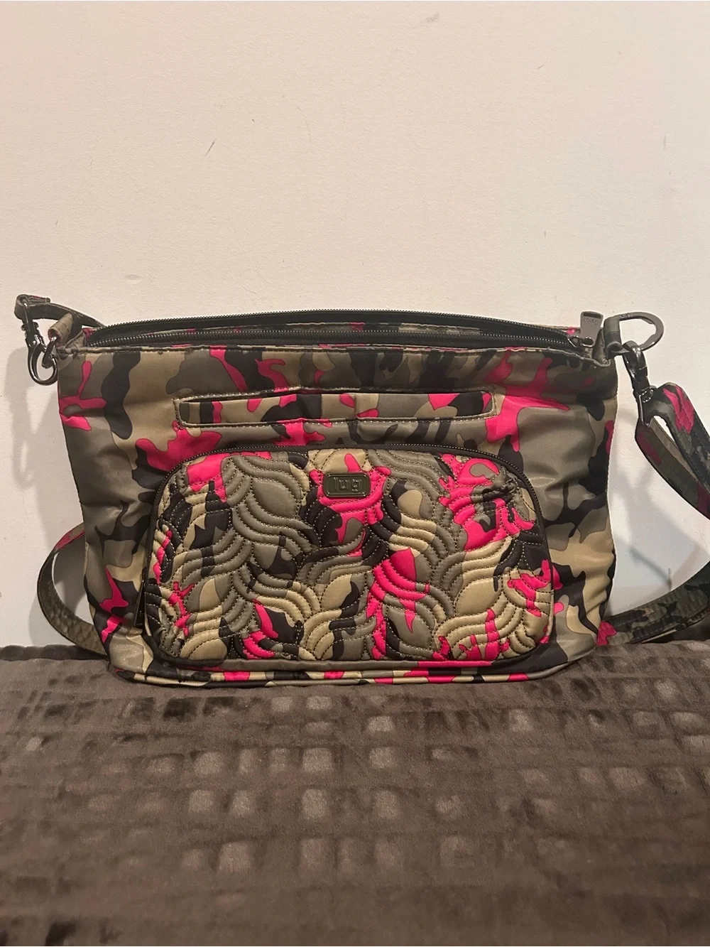 LUG Samba XL Quilted Camouflage Crossbody Bag in Olive and Hot Pink